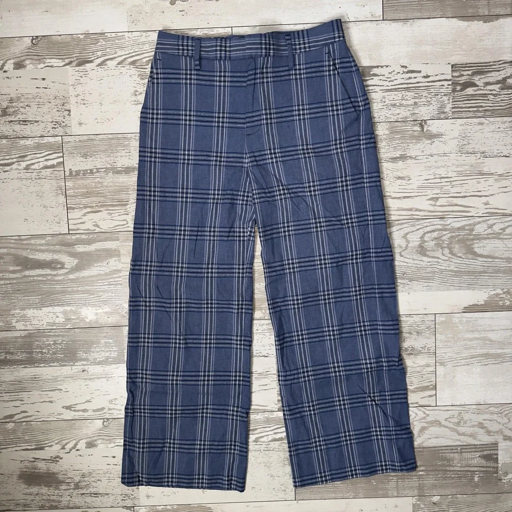 Banana Republic Pants Womens 2 Blue Plaid Linen Blend Twill Cropped Dress